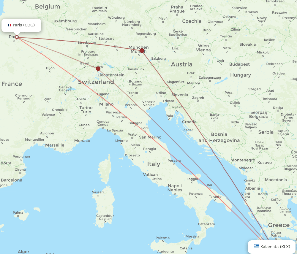 CDG to KLX flights and routes map