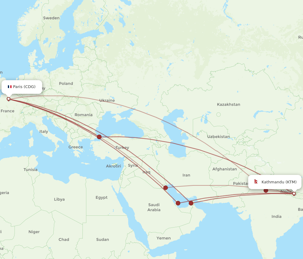 CDG-KTM flight routes