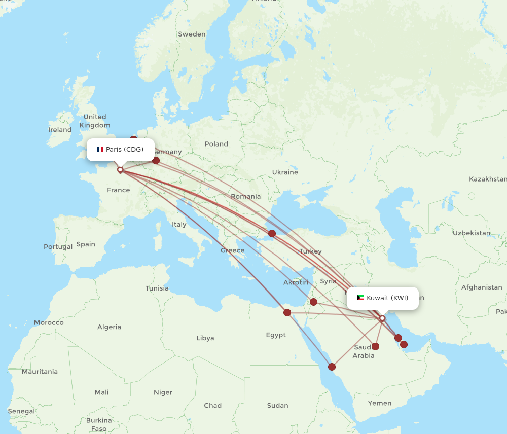 CDG to KWI flights and routes map