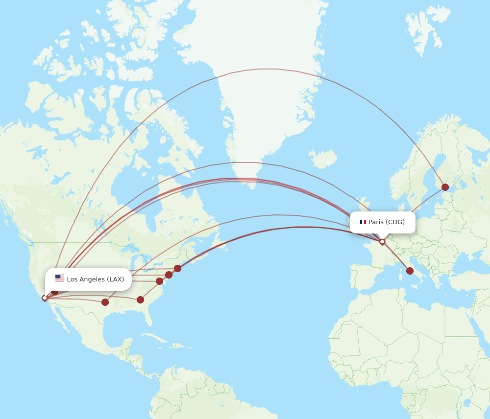 CDG to LAX flights and routes map