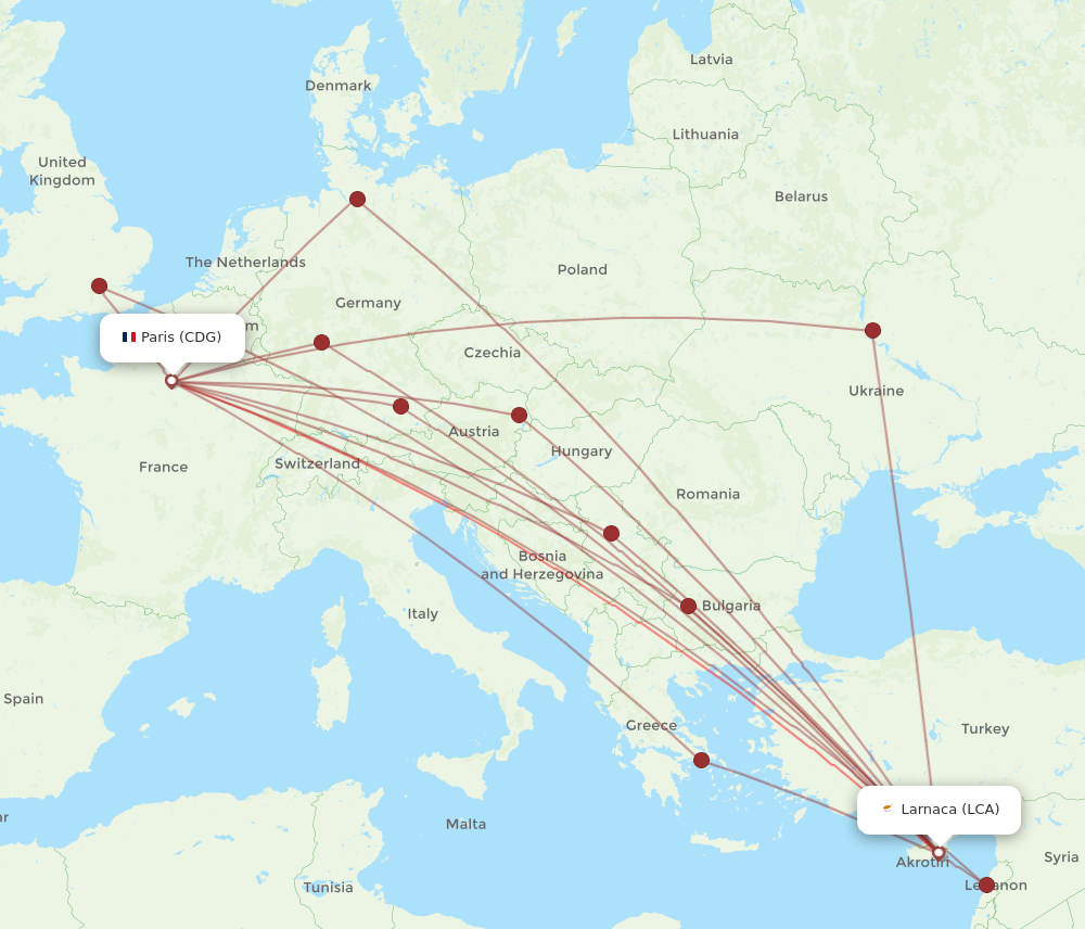 CDG to LCA flights and routes map