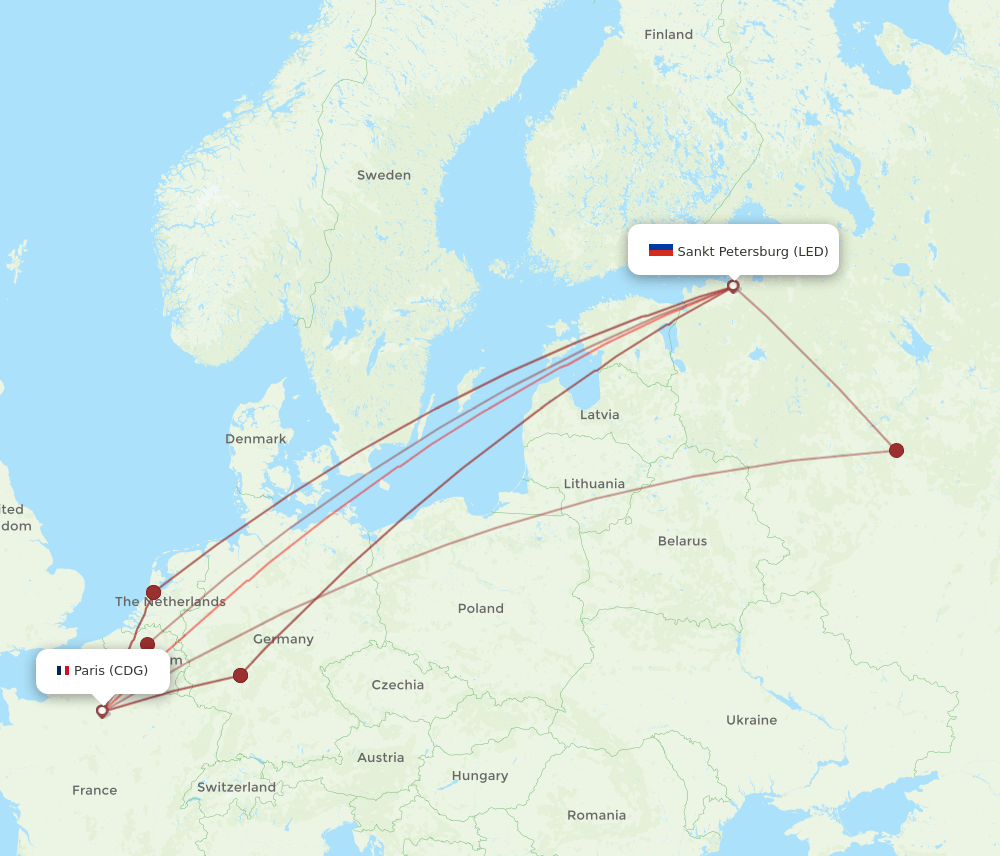 CDG to LED flights and routes map