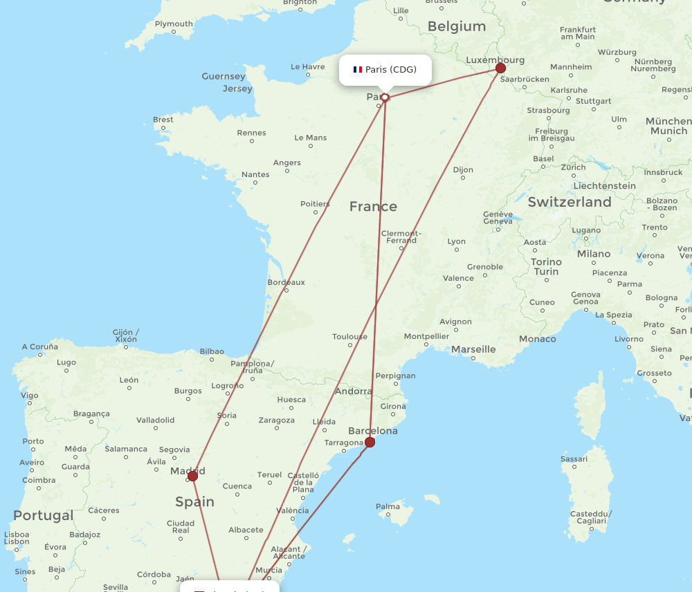 CDG-LEI flight routes