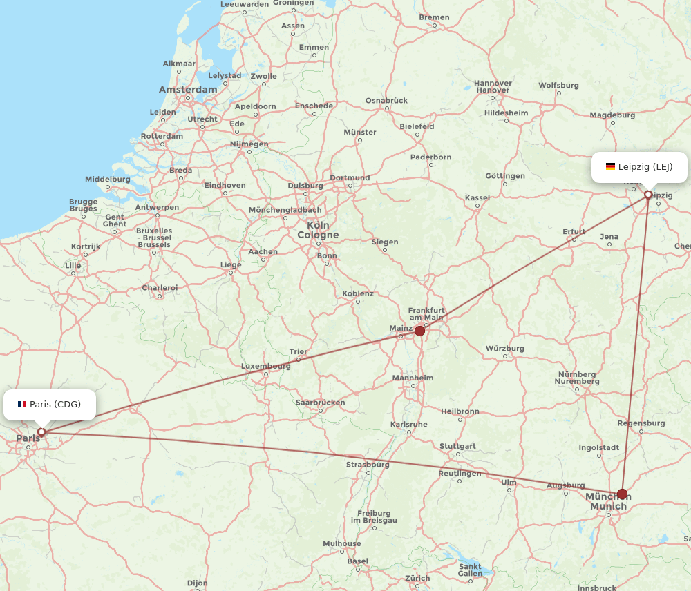 CDG to LEJ flights and routes map