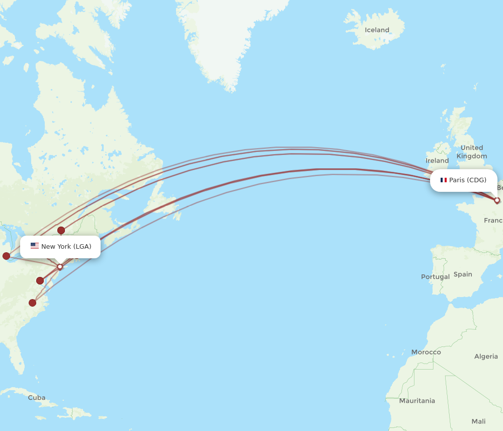 CDG to LGA flights and routes map