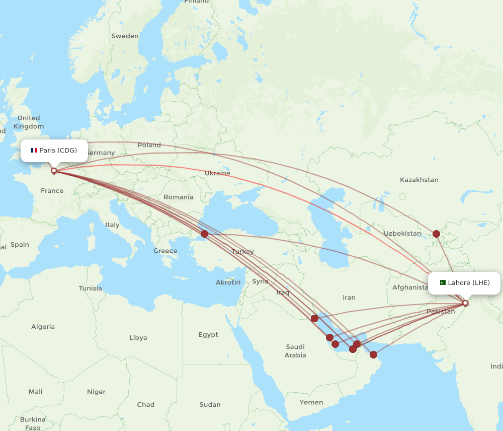 CDG-LHE flight routes