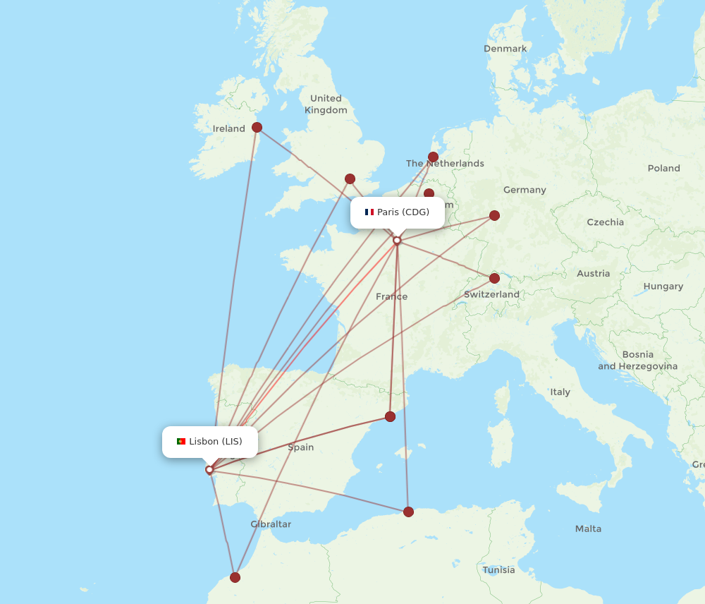 CDG to LIS flights and routes map