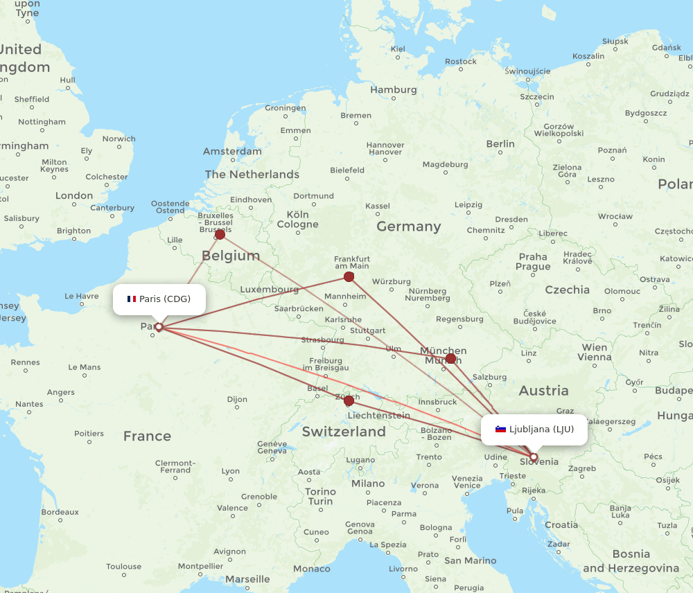 CDG-LJU flight routes