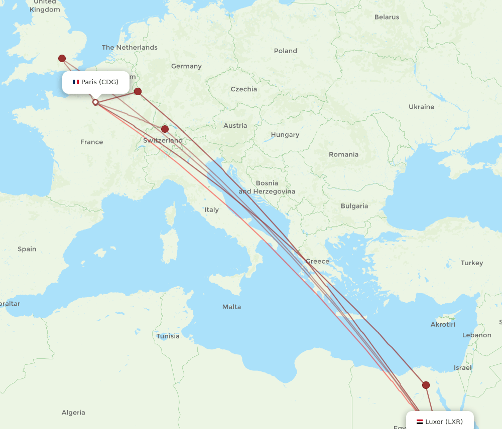 CDG to LXR flights and routes map