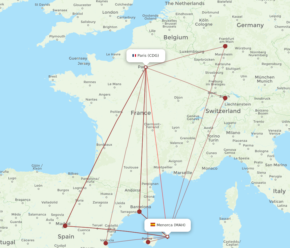 CDG-MAH flight routes