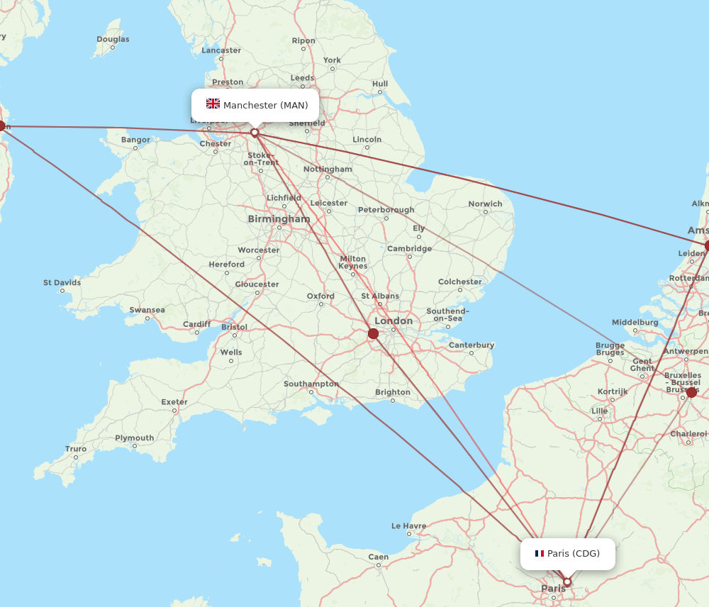 CDG to MAN flights and routes map