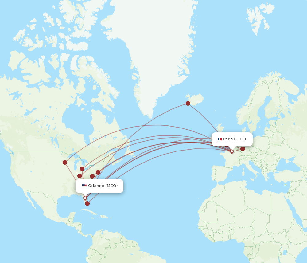 CDG to MCO flights and routes map