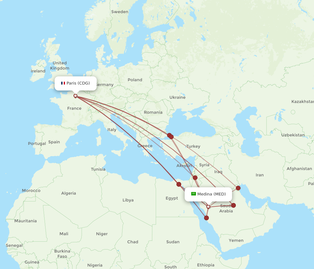 CDG to MED flights and routes map