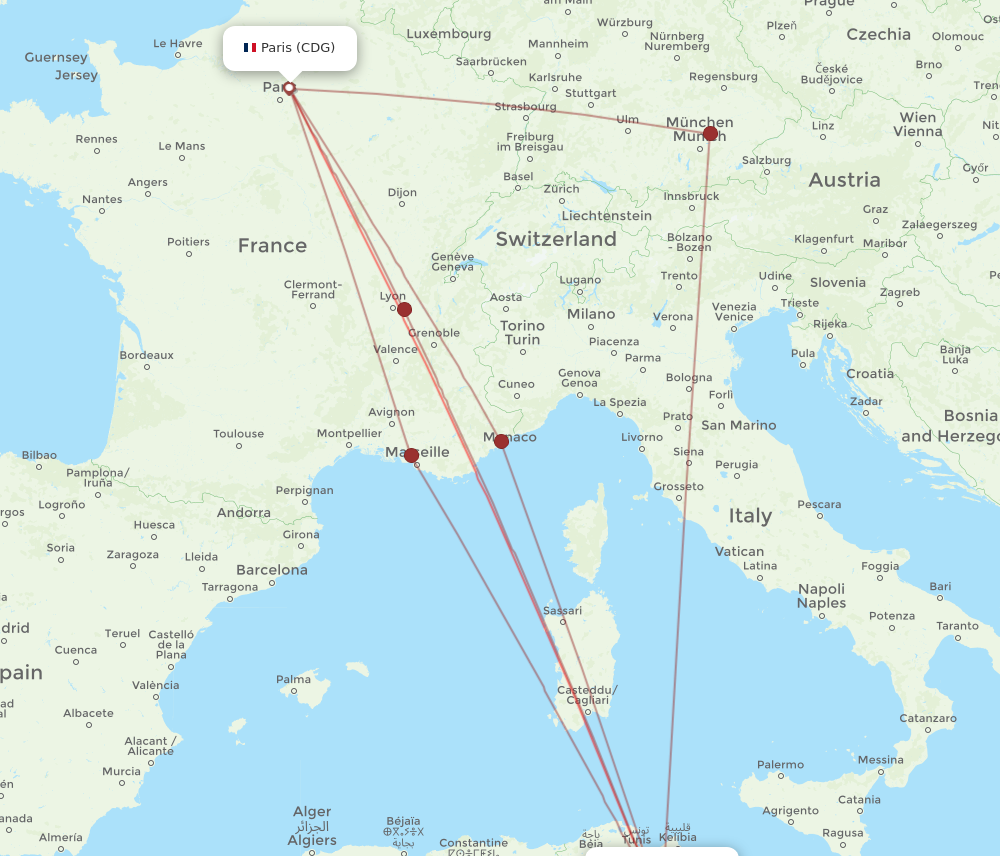 CDG to MIR flights and routes map