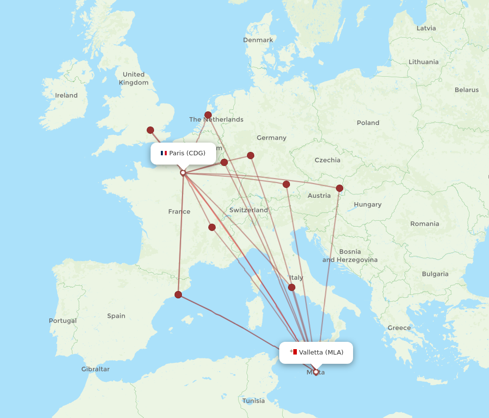 CDG to MLA flights and routes map