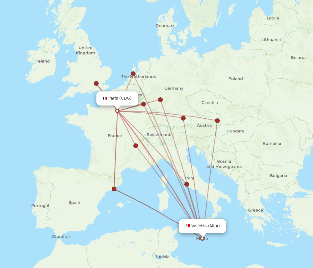 CDG-MLA flight routes