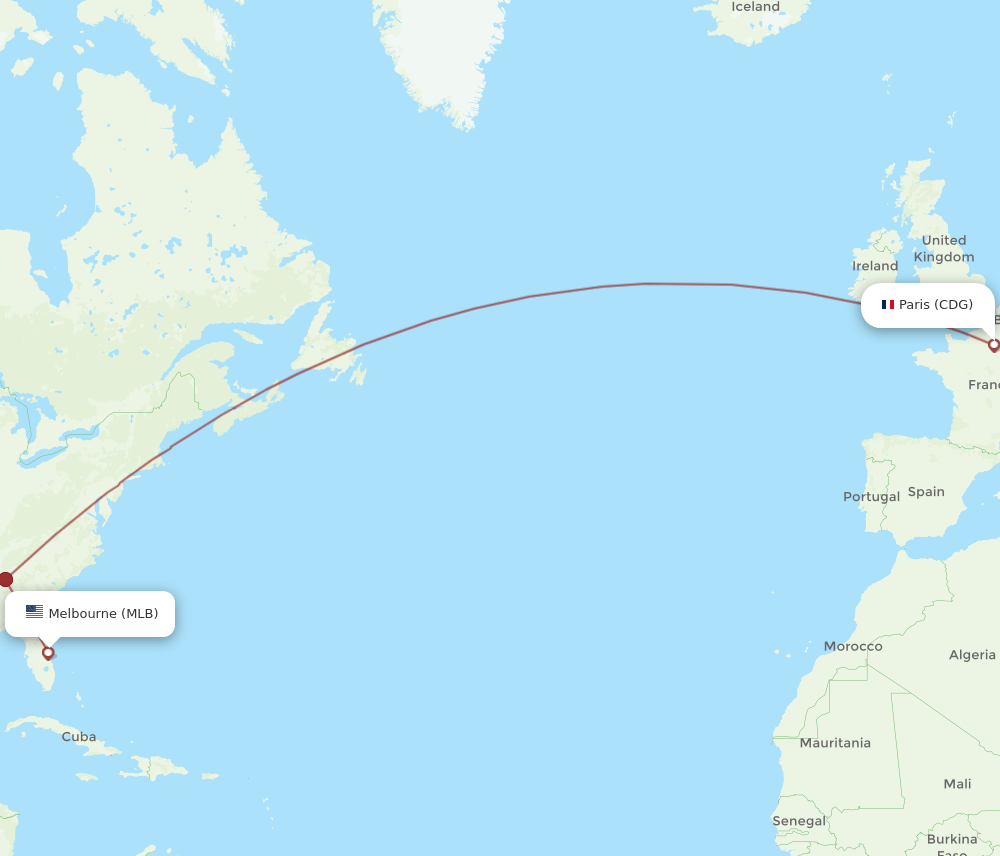 CDG to MLB flights and routes map