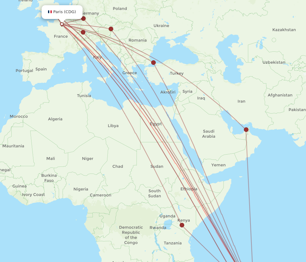 CDG to MRU flights and routes map