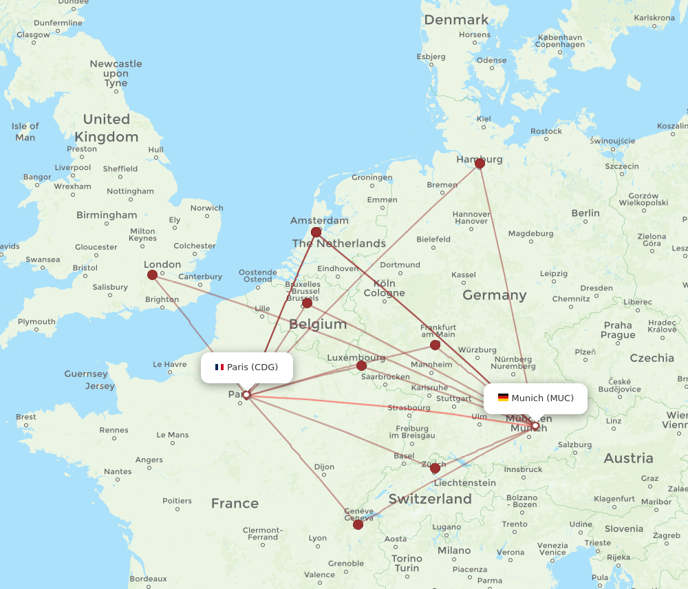 CDG to MUC flights and routes map