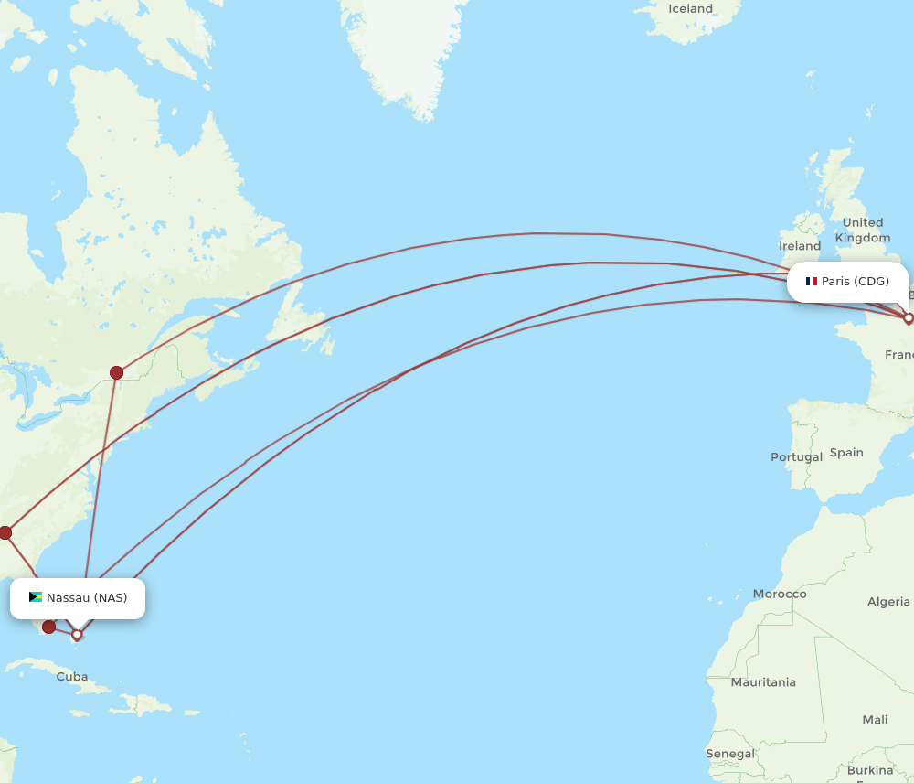 CDG-NAS flight routes