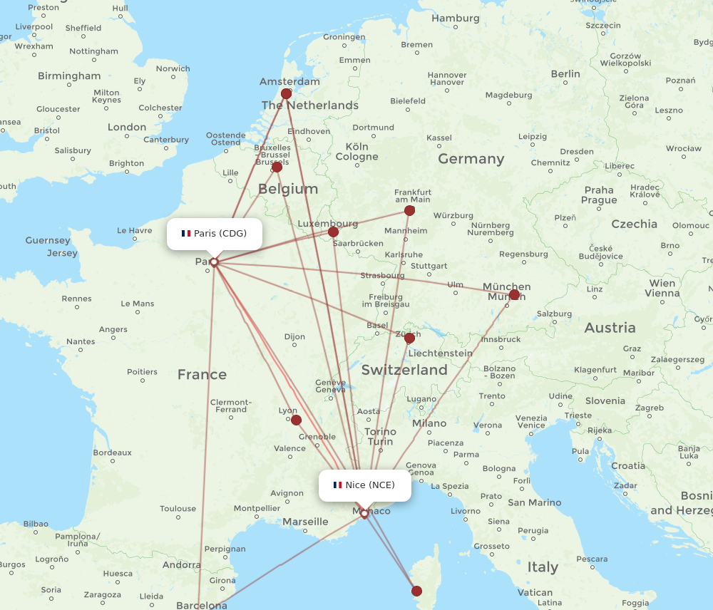 CDG to NCE flights and routes map