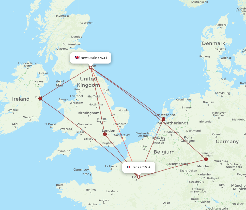 CDG to NCL flights and routes map