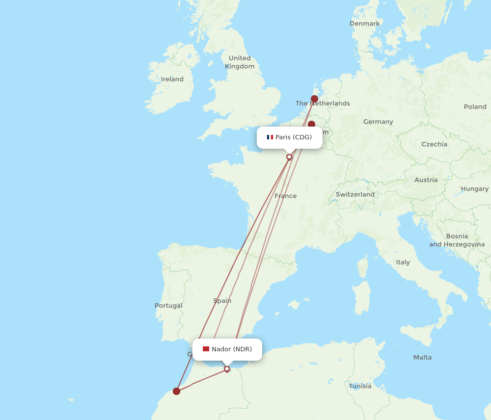 CDG-NDR flight routes