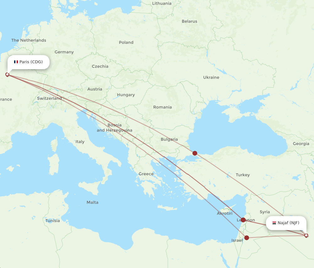 CDG-NJF flight routes