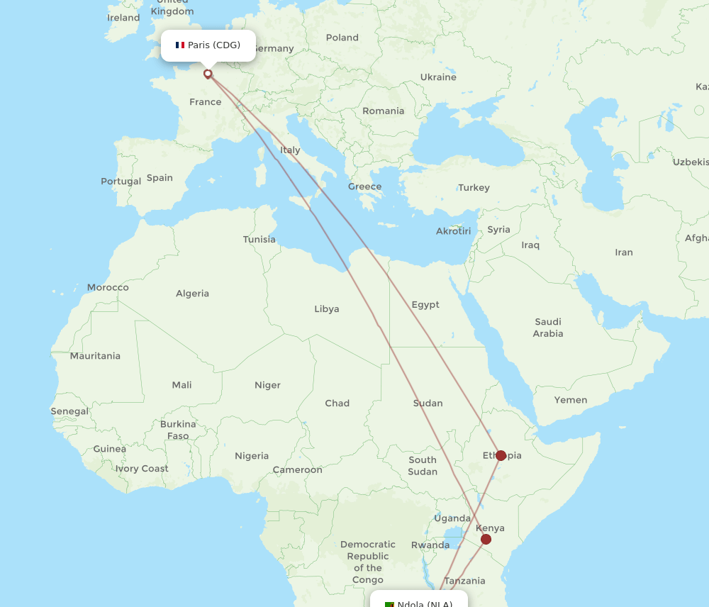 CDG to NLA flights and routes map