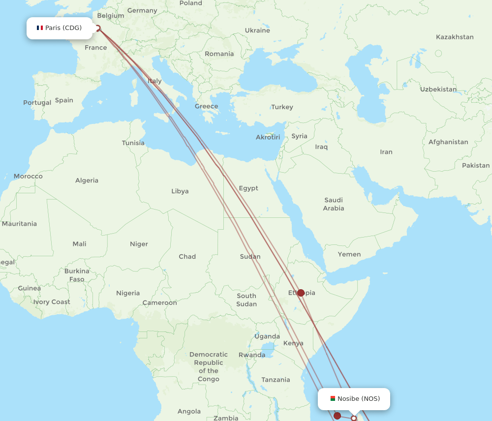 CDG-NOS flight routes