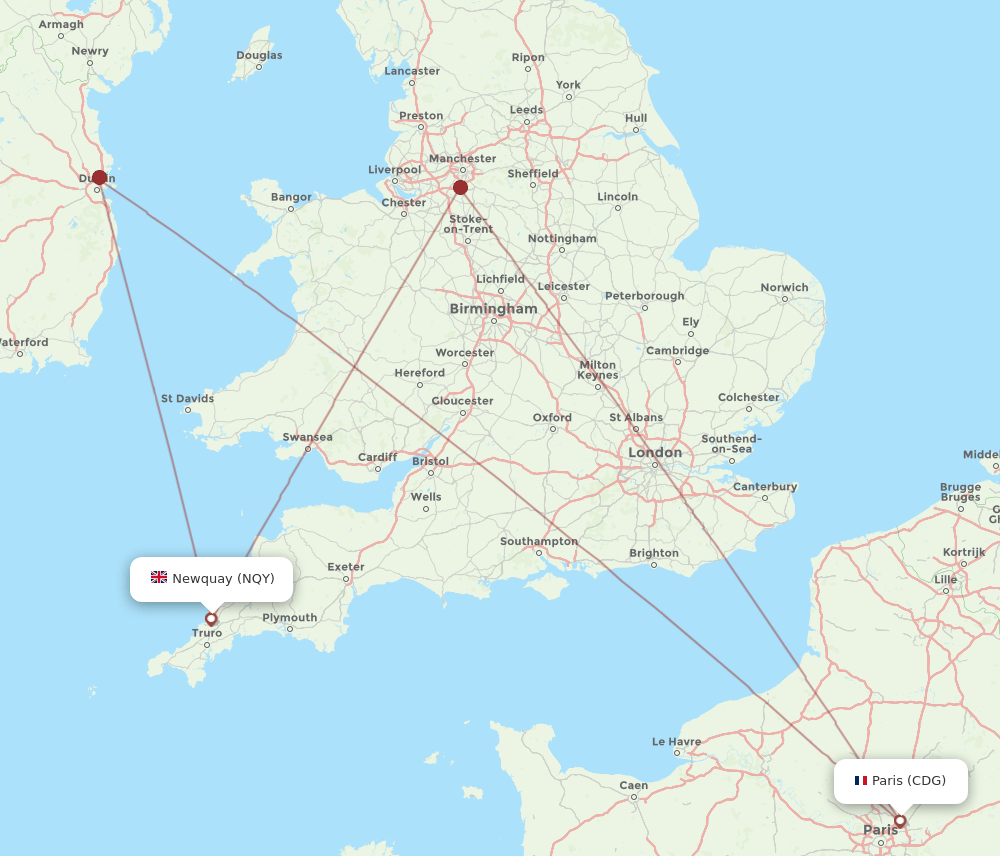 CDG to NQY flights and routes map