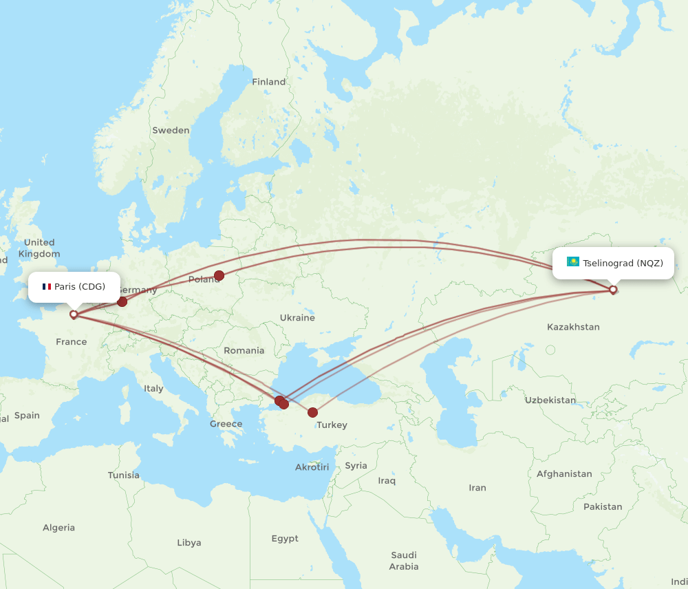 CDG-NQZ flight routes