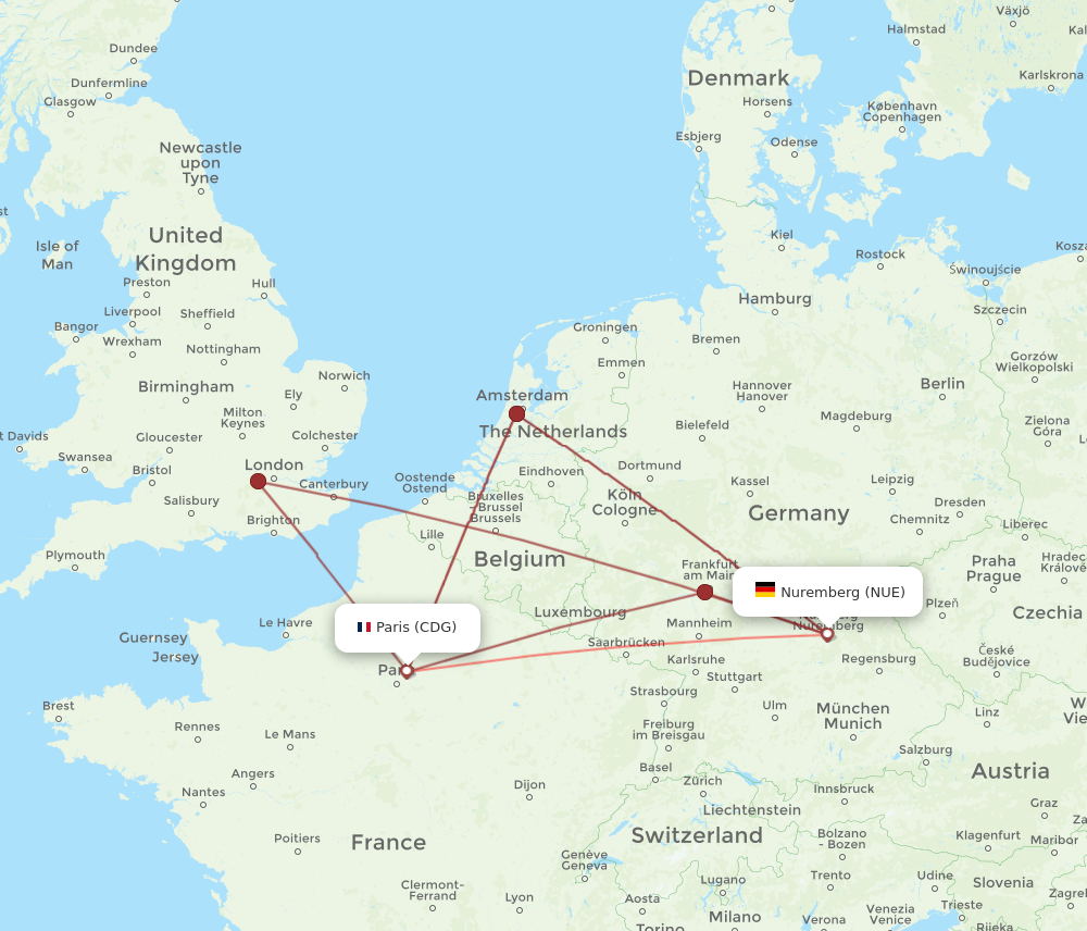 CDG to NUE flights and routes map