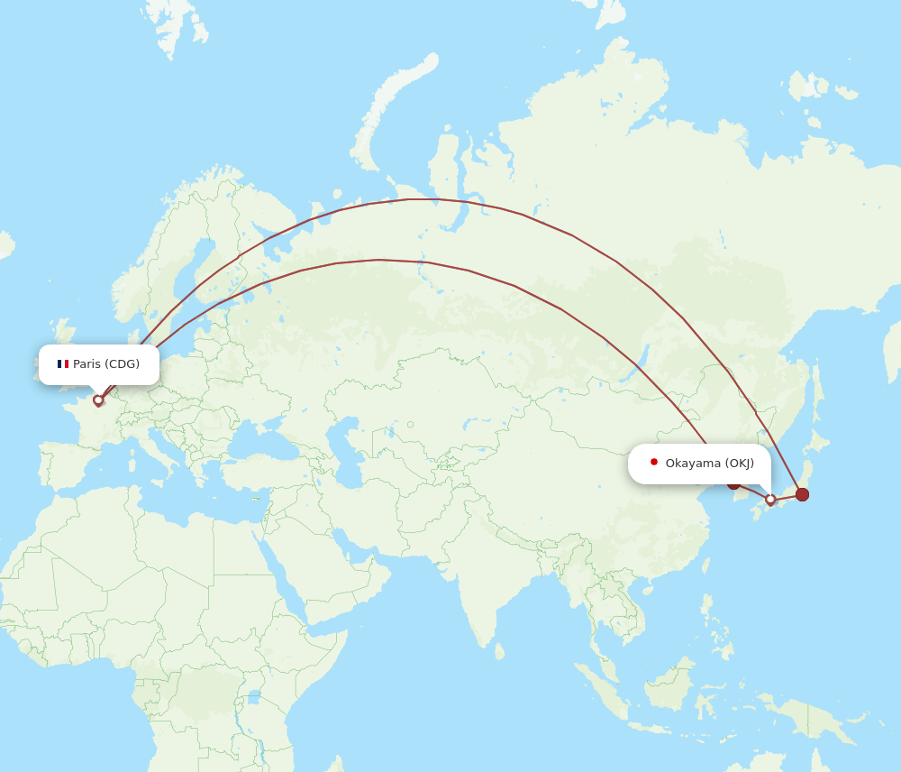 CDG to OKJ flights and routes map