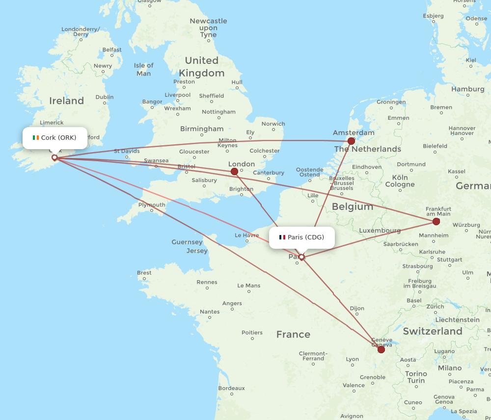 CDG to ORK flights and routes map