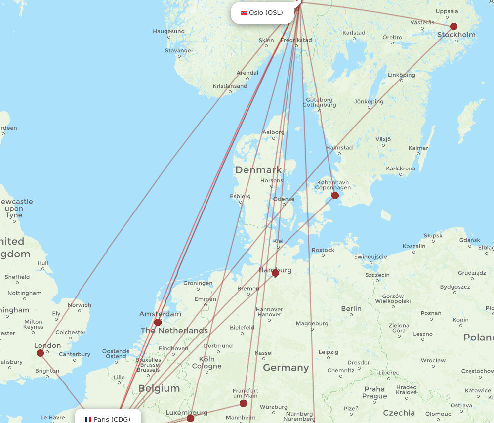 CDG to OSL flights and routes map