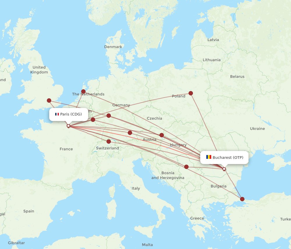 CDG to OTP flights and routes map