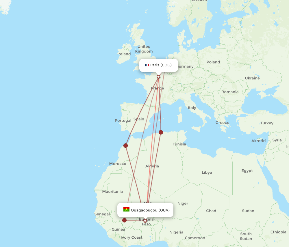 CDG to OUA flights and routes map