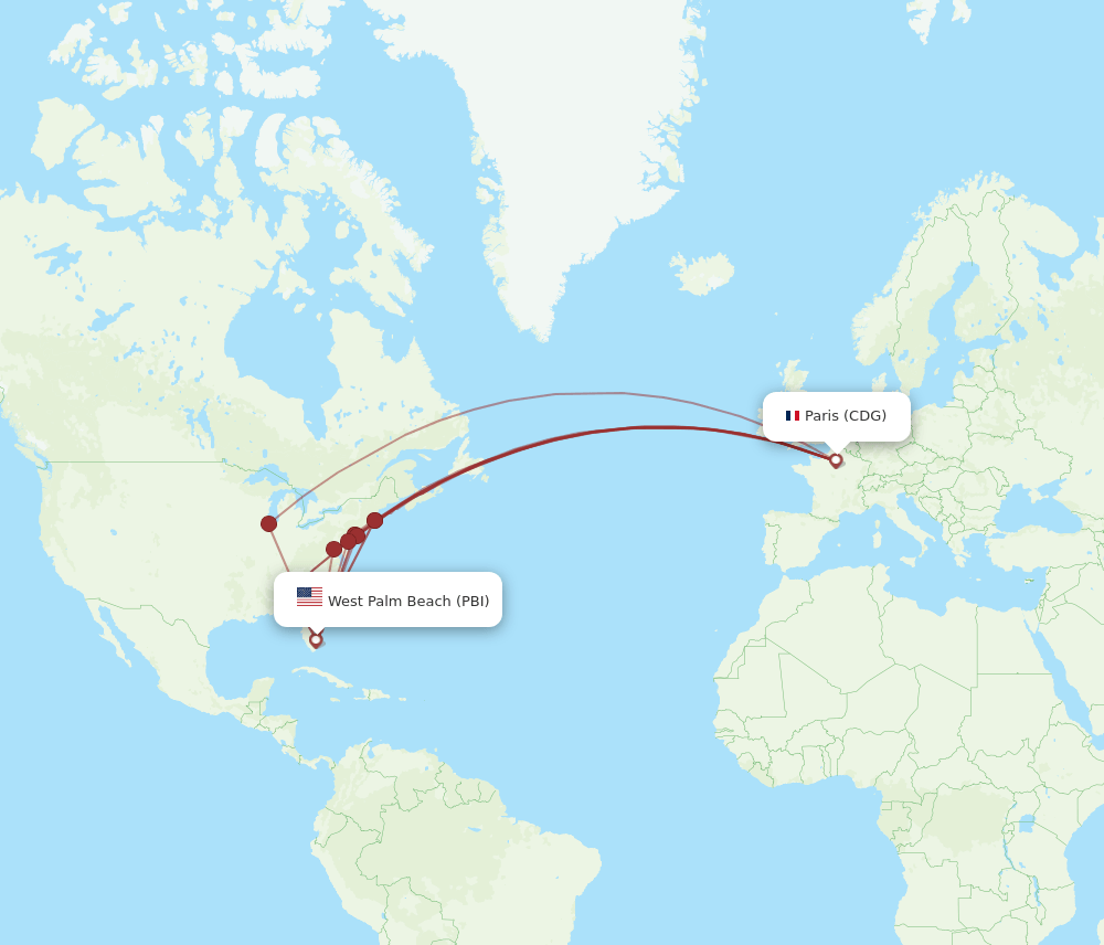 CDG to PBI flights and routes map