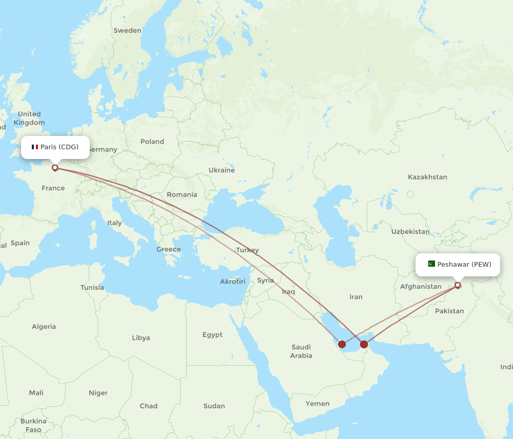CDG-PEW flight routes