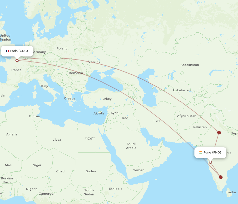 CDG to PNQ flights and routes map
