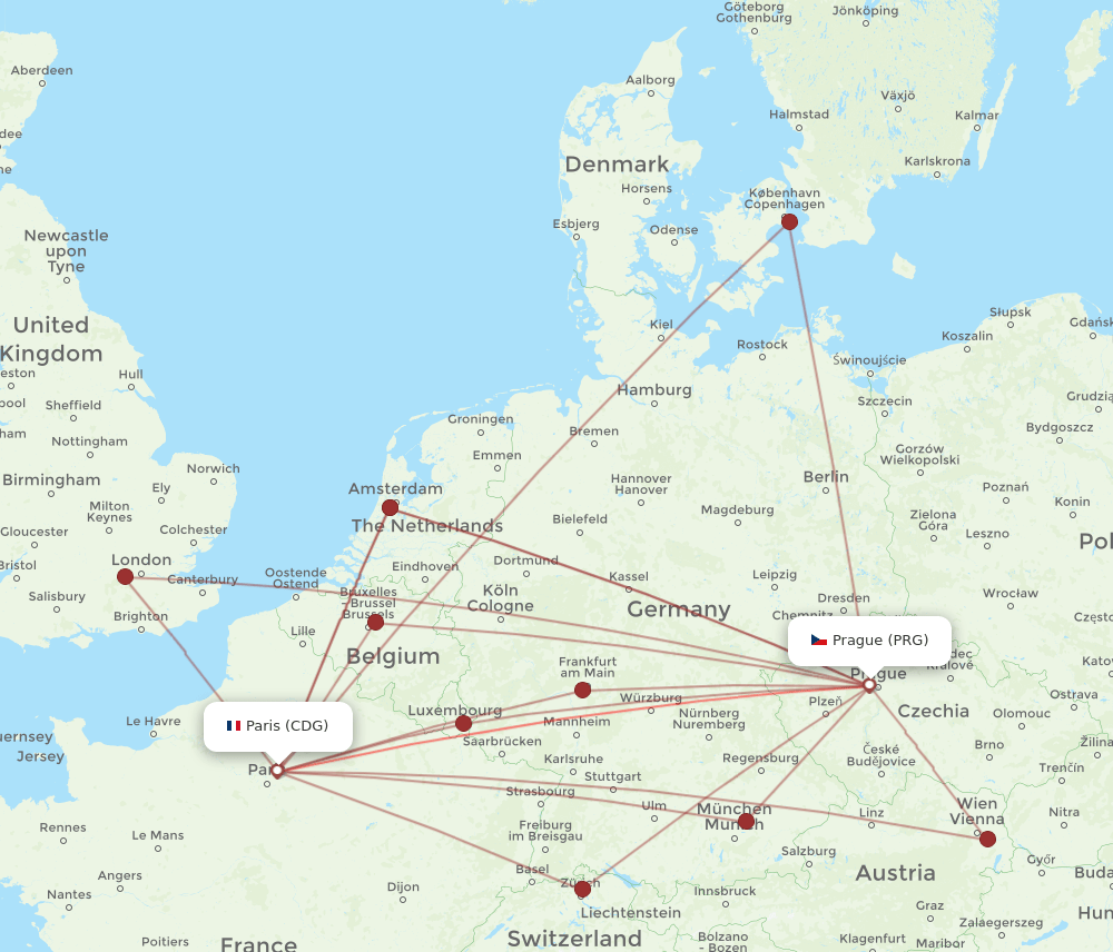 CDG to PRG flights and routes map