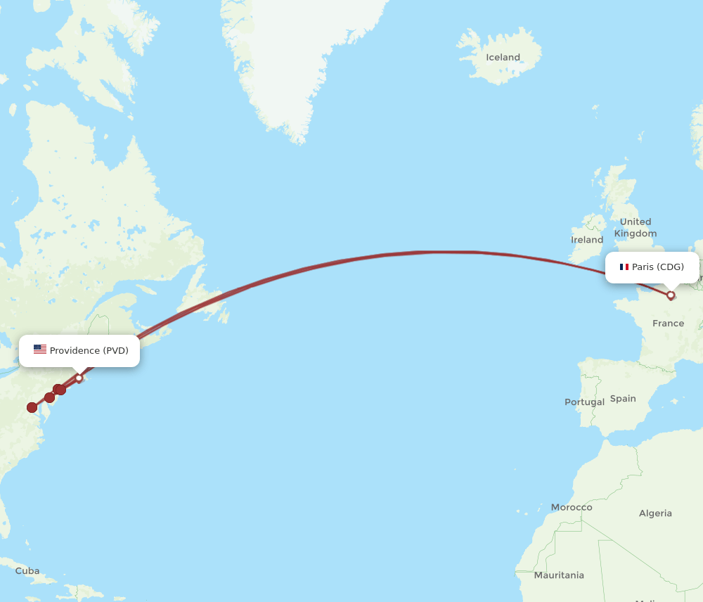 CDG to PVD flights and routes map