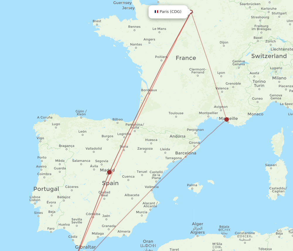 CDG-RBA flight routes