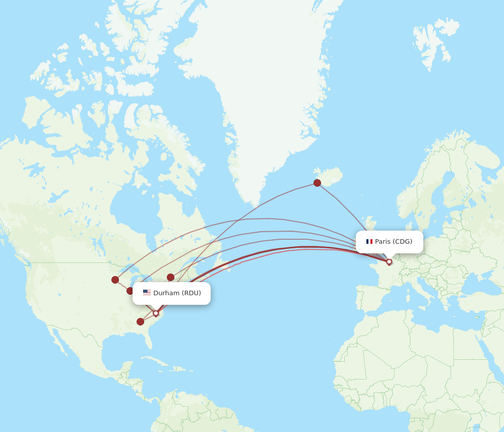 CDG to RDU flights and routes map