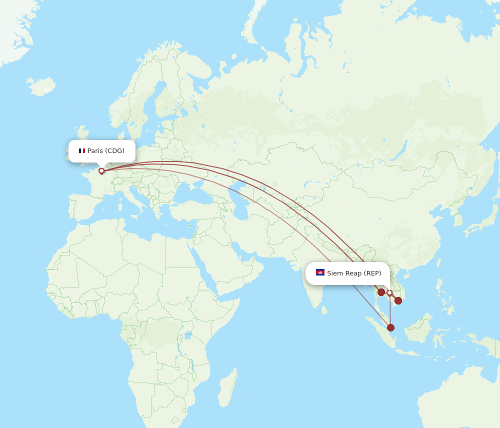 Paris - Siem Reap route map and flight paths