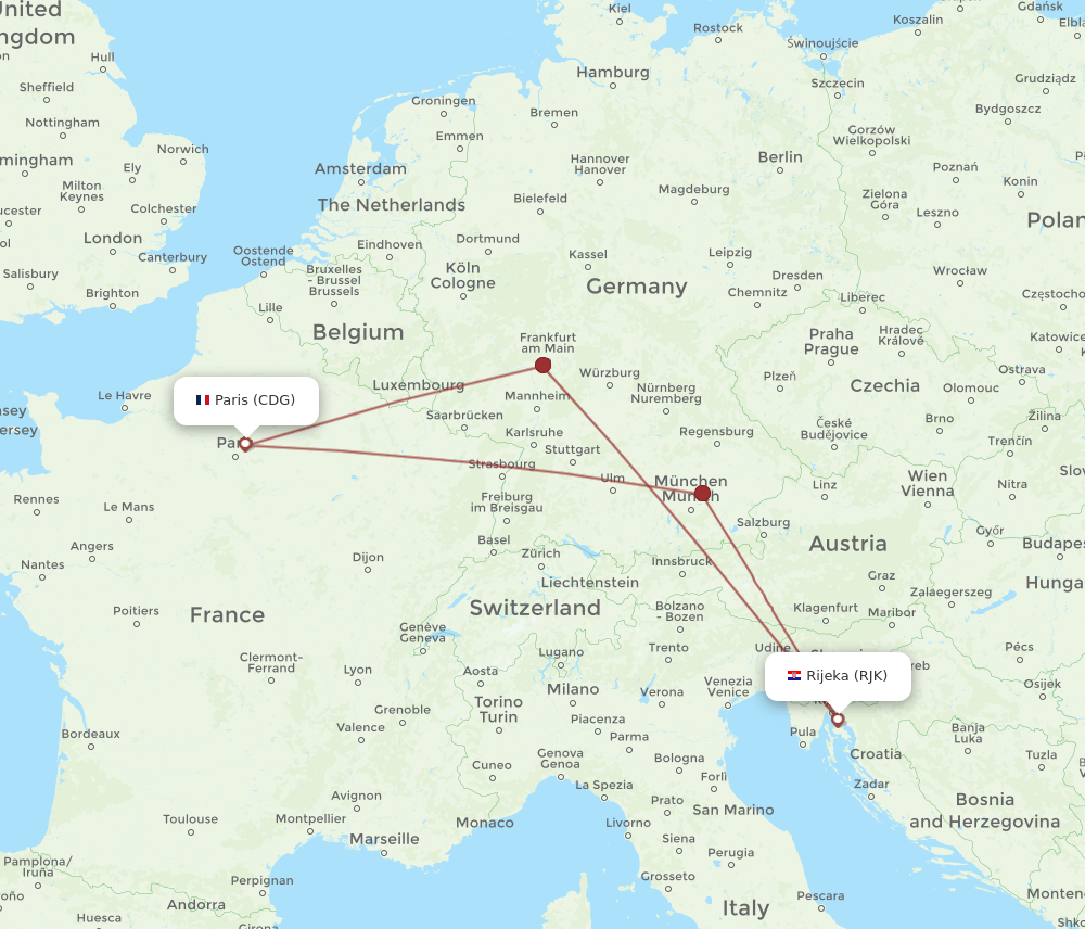 CDG to RJK flights and routes map