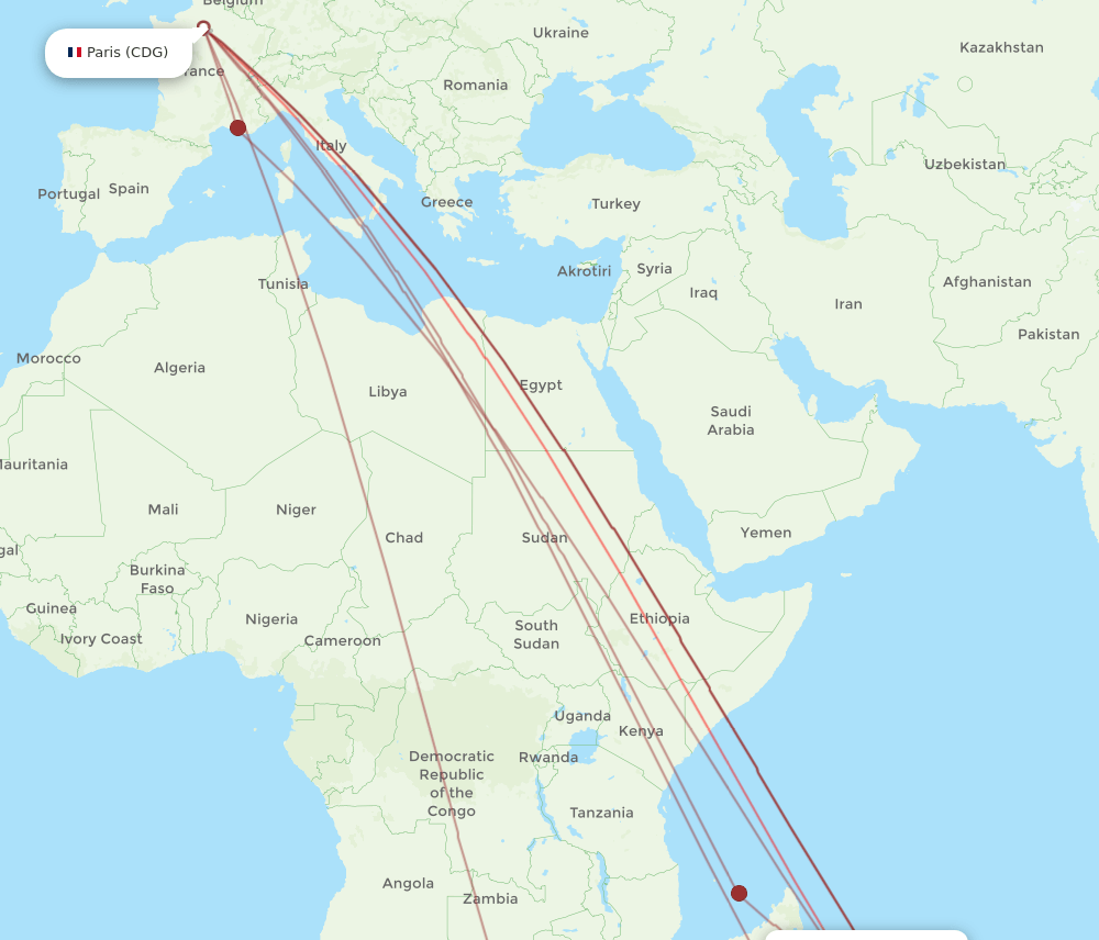 CDG to RUN flights and routes map