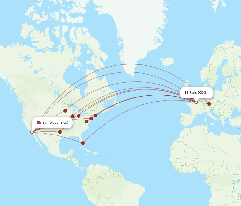 CDG to SAN flights and routes map