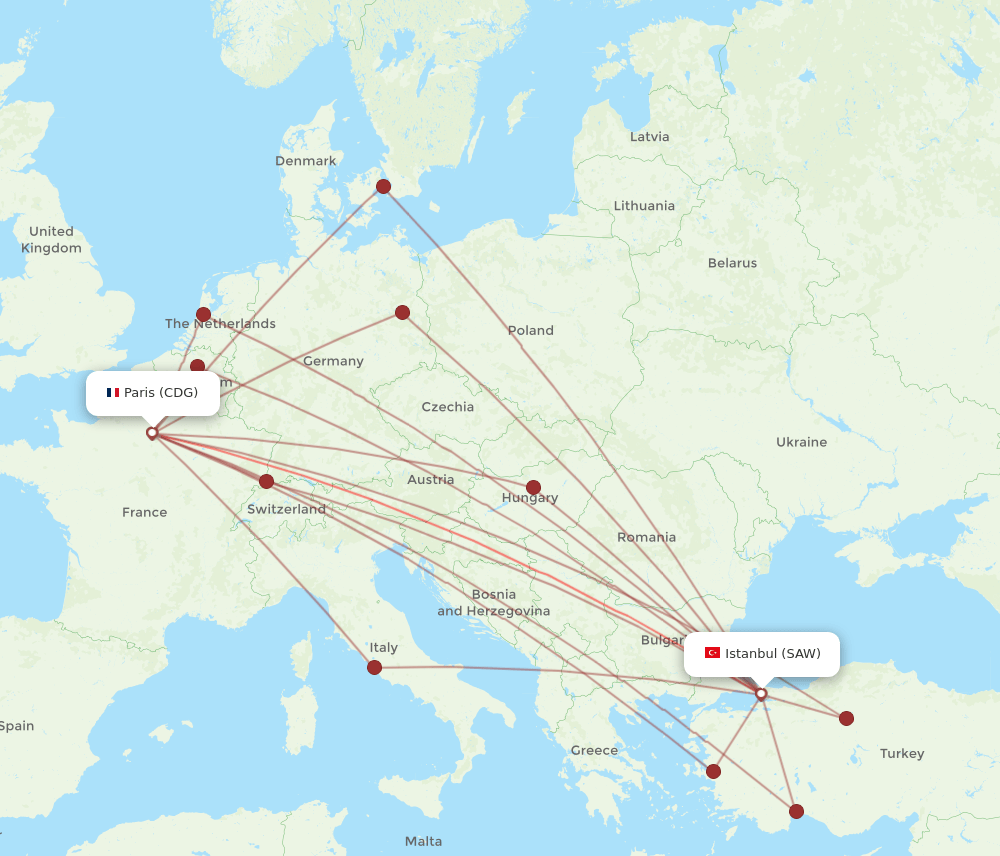 CDG to SAW flights and routes map